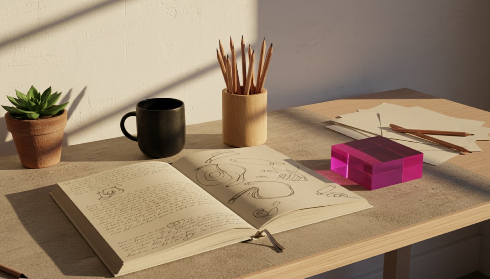 A studio desk with an open sketchbook, pencils and work in progress
