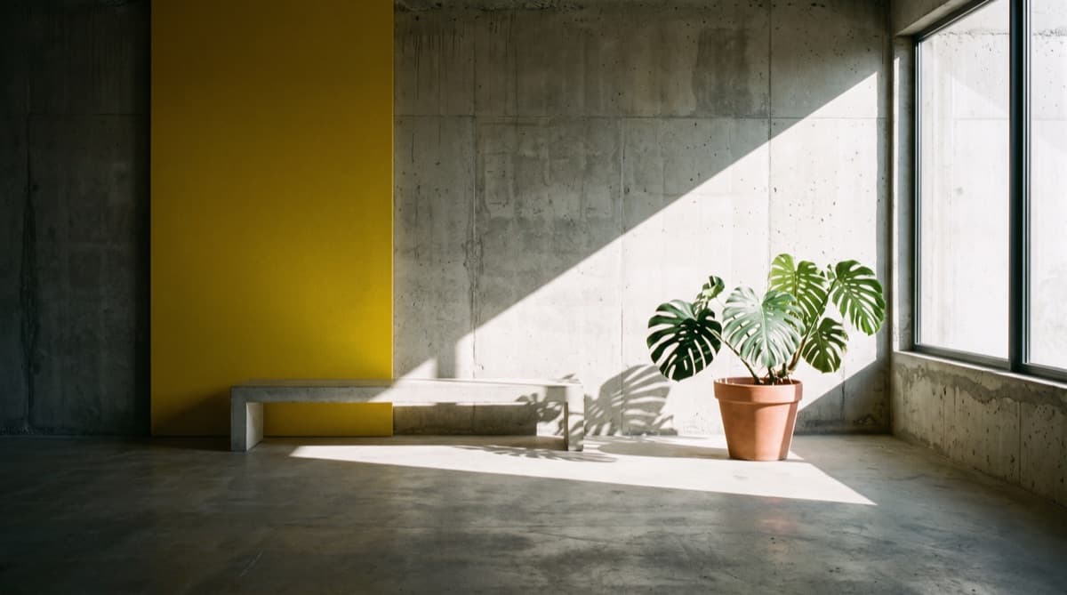 A concrete studio space in use
