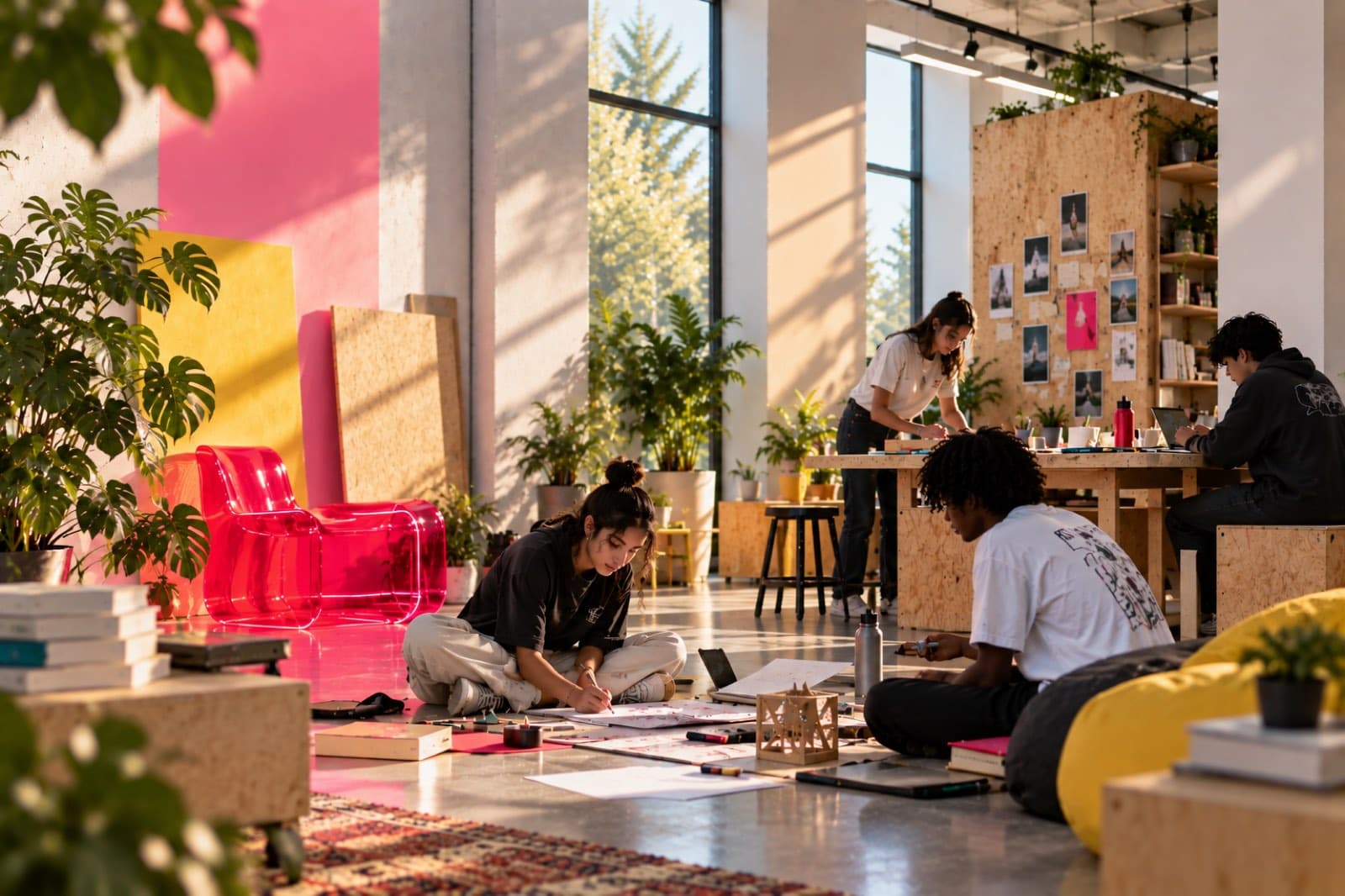 Students working across a bright studio: two sketching on the floor beside a translucent crimson chair, two more at a plywood worktable, among plants and colour panels in raking afternoon light